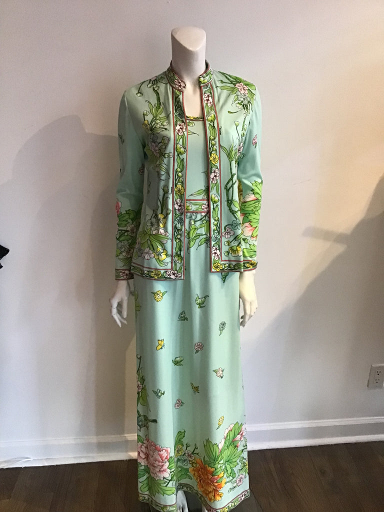  Vintage 1960s mint green floral  dress with jacket ensemble by Maurice 