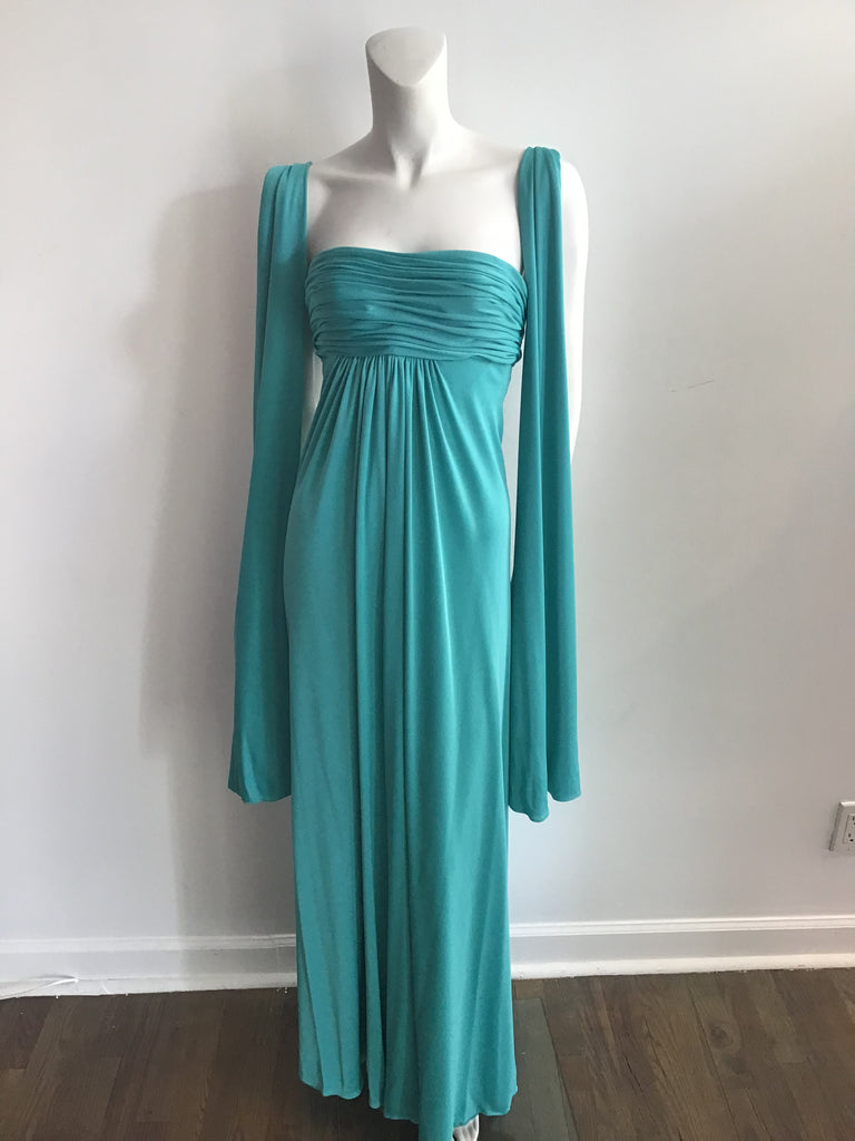 Late 1960s Estévez Strapless Teal Silk Jersey  Evening Gown-size 4