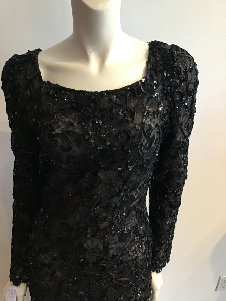 1980's Oscar De La Renta Black  Sequined Evening Dress