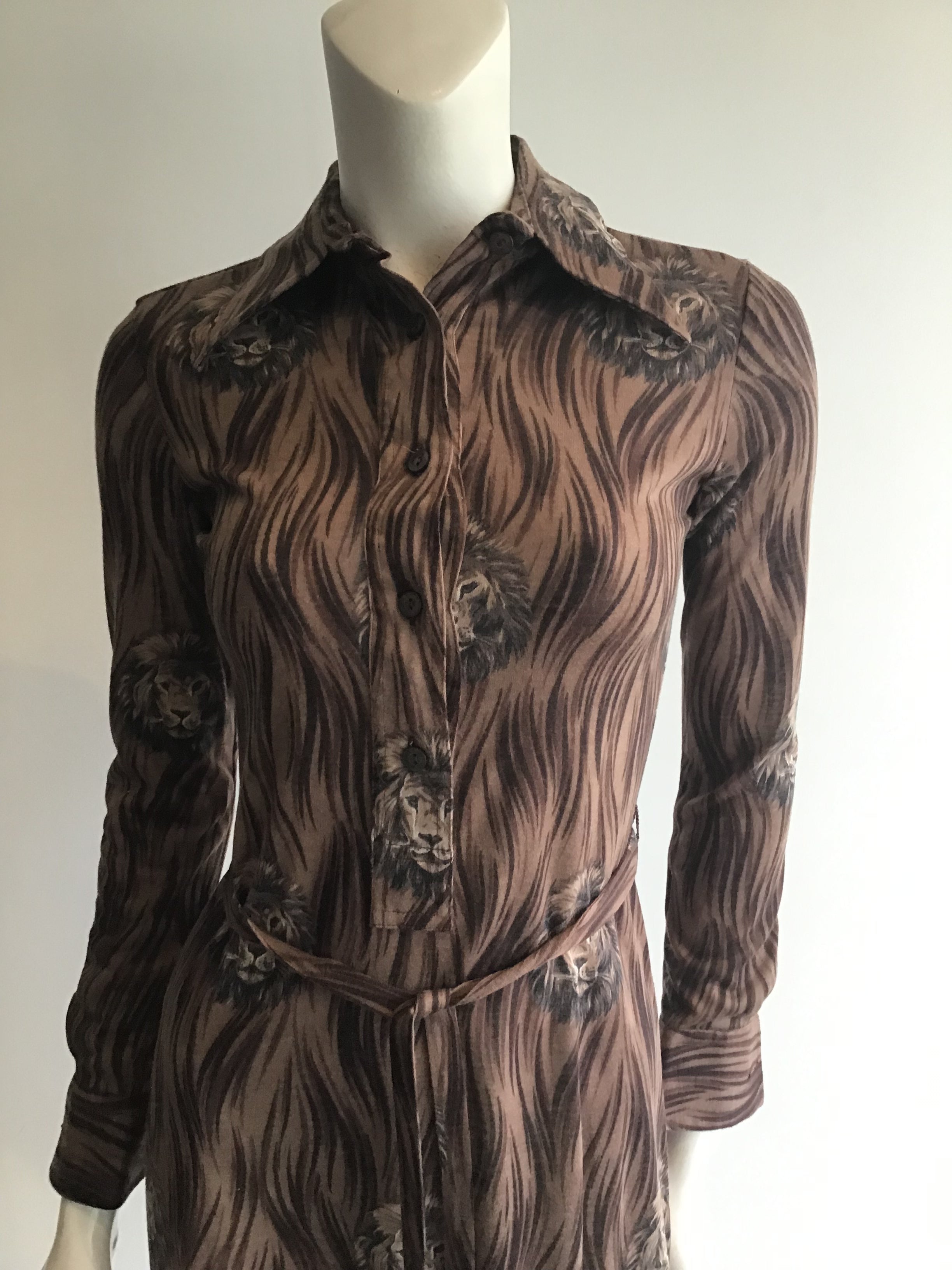 1970's Saint Clair for Thayer Brown Printed Dress with Lions