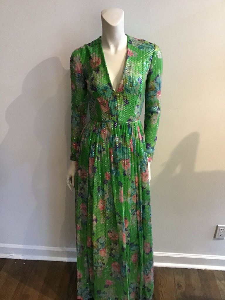 1960's Green Floral  Sequined Silk Chiffon Evening Gown-4/6