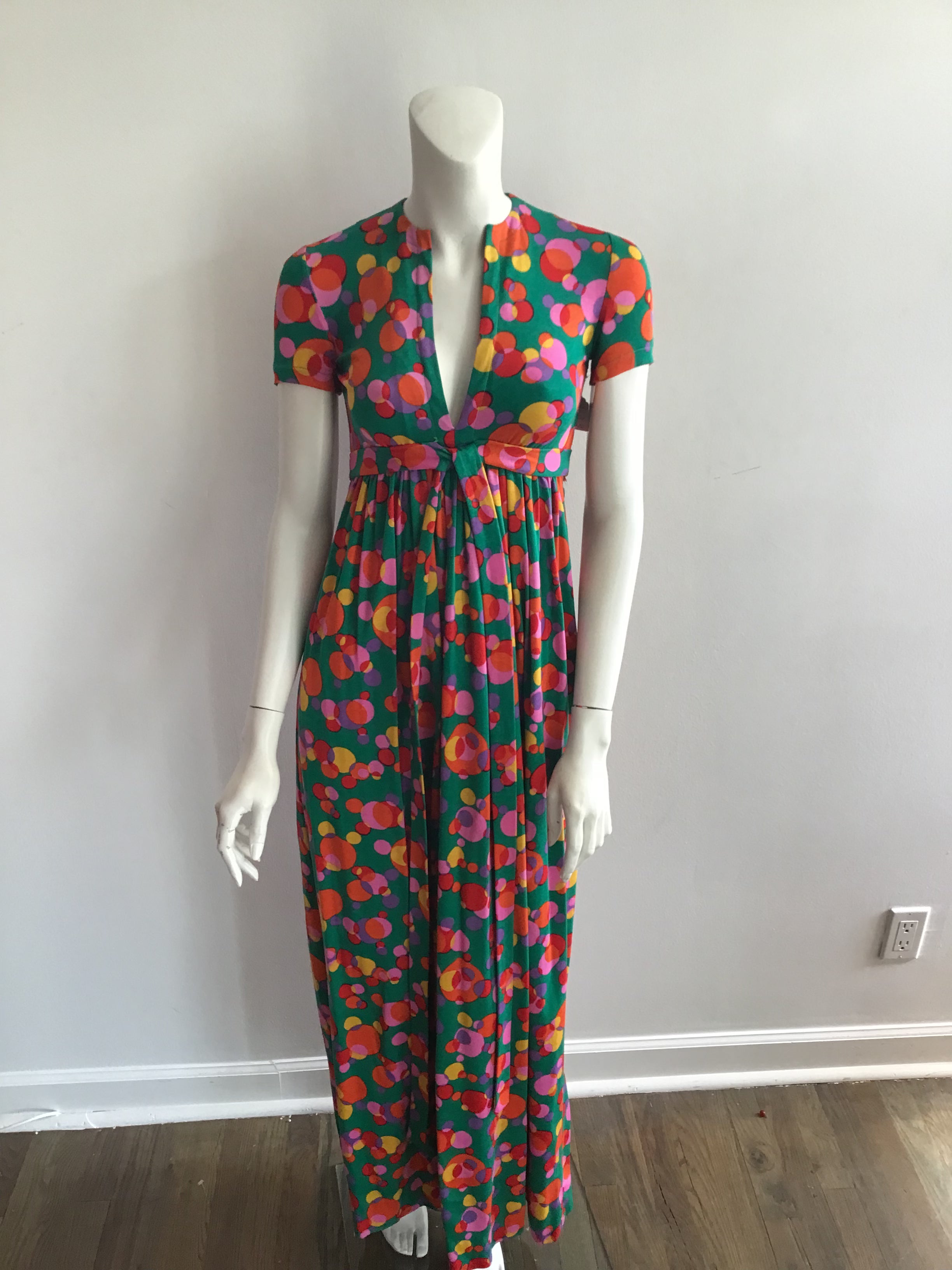Late 1960's Printed Jersey Mulitolored Maxi Dress-4