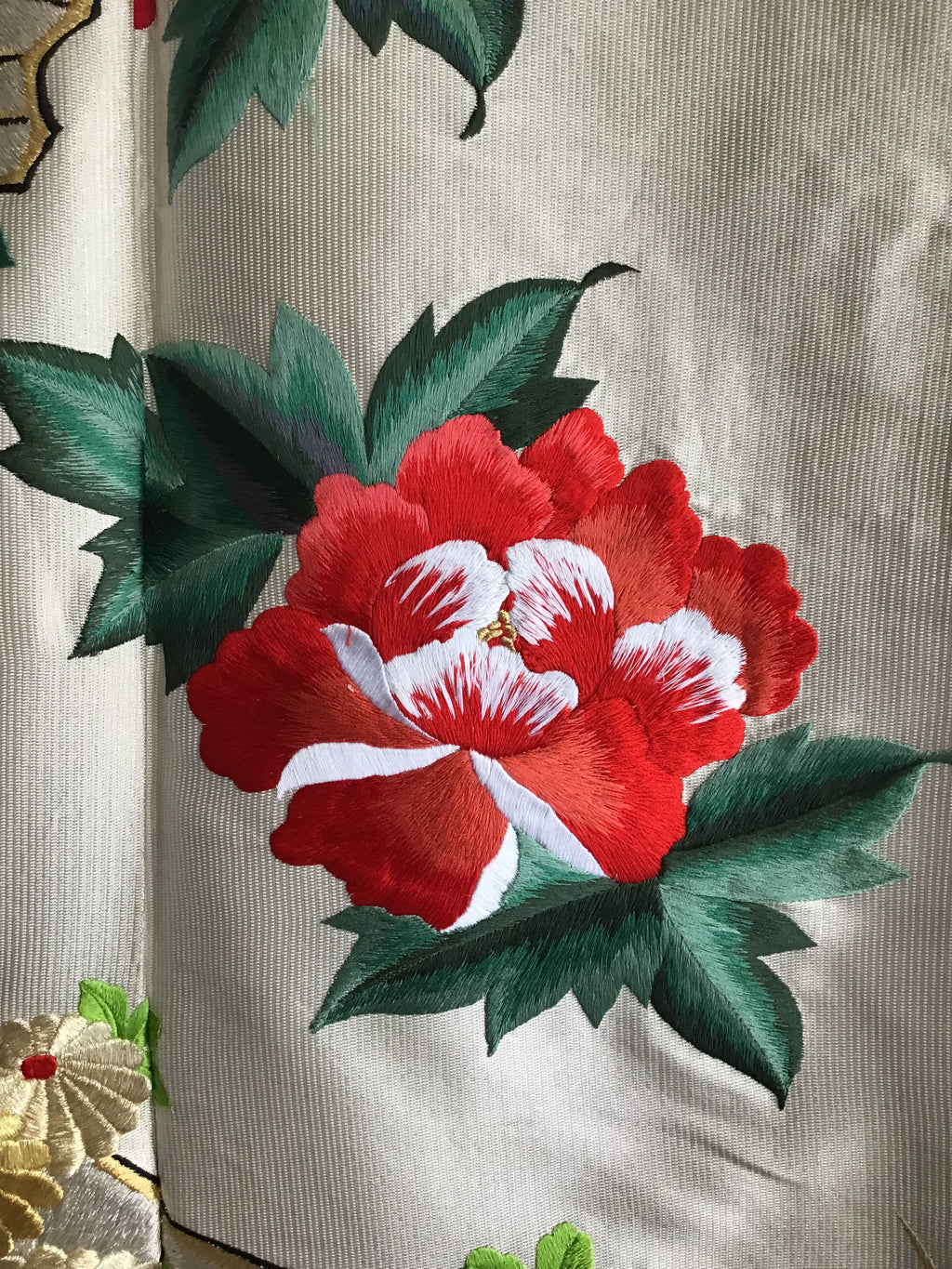1960s Red Peonies,Birds Handembroidered Silk Kimono