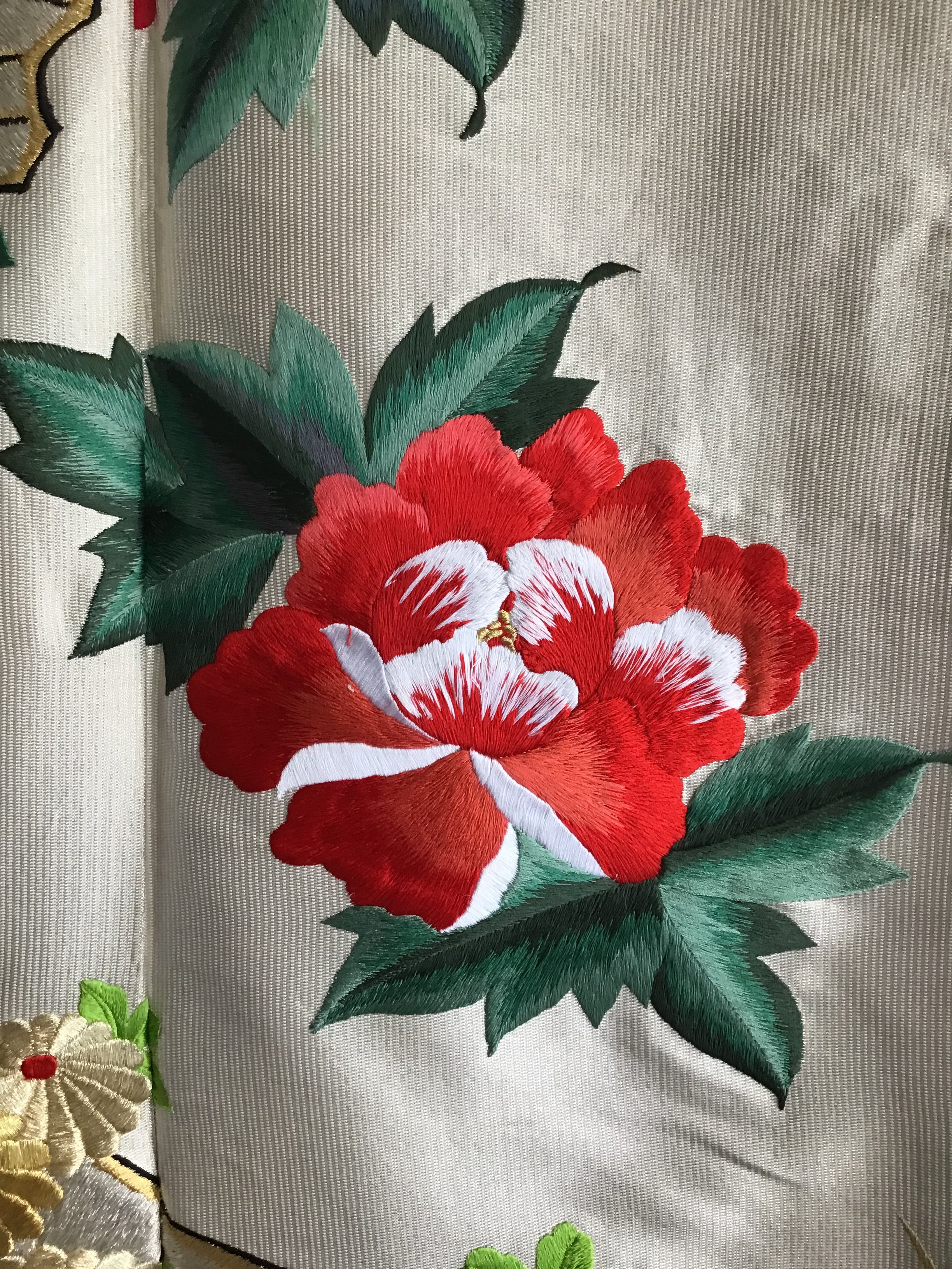 1960s Red Peonies,Birds Handembroidered Silk Kimono