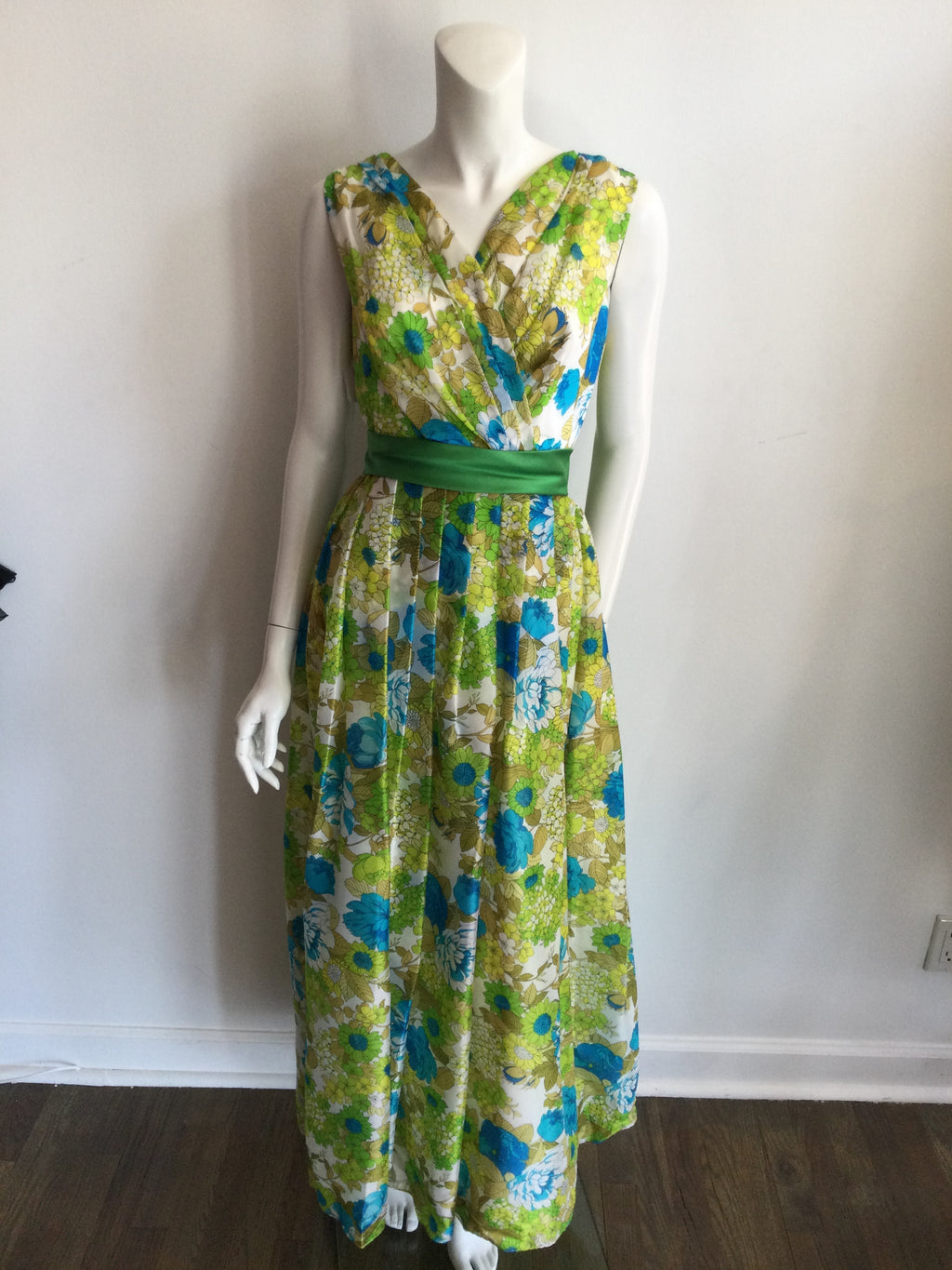 1960s Blue and Yellow Floral  Polyester Printed long Dress-size 7/8