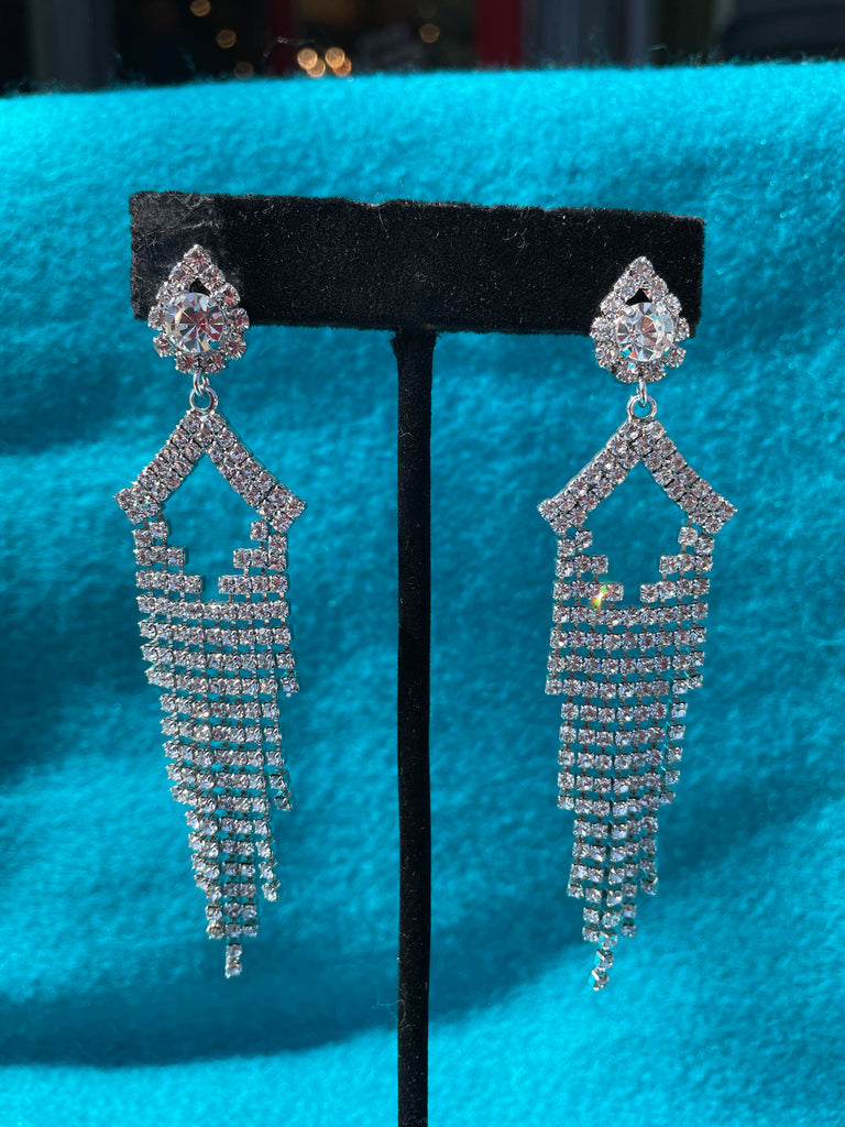 Long Silver Rhinestone Fringe Earrings
