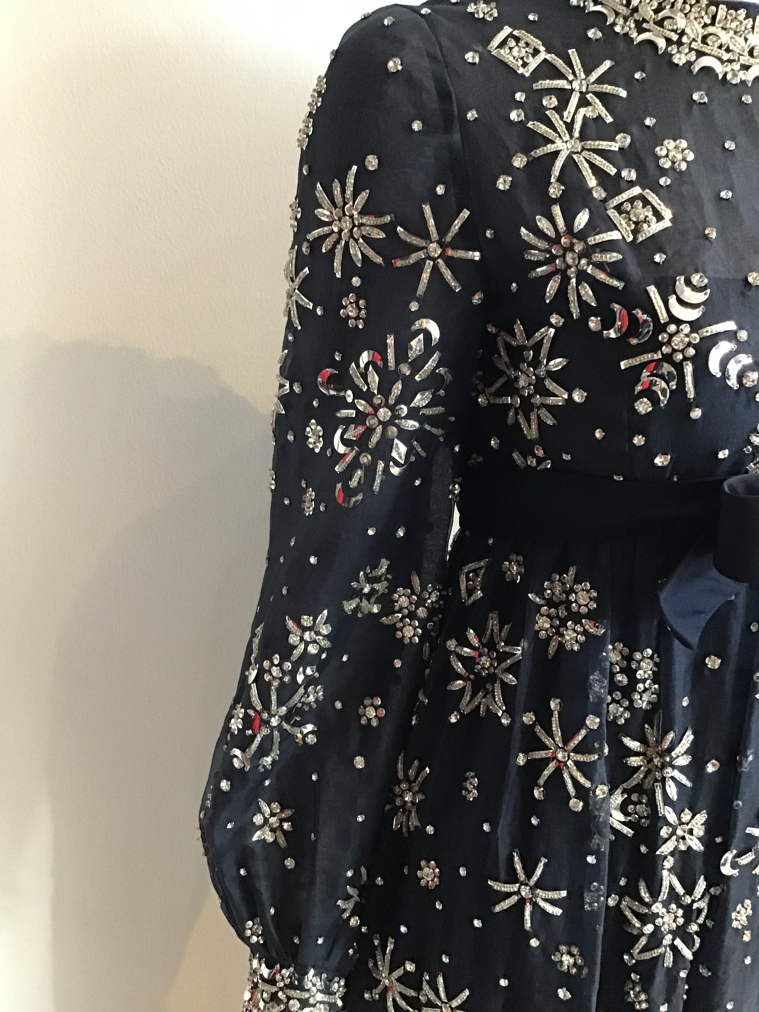 1960s  Blue Organza beaded Evening Gown-2/4