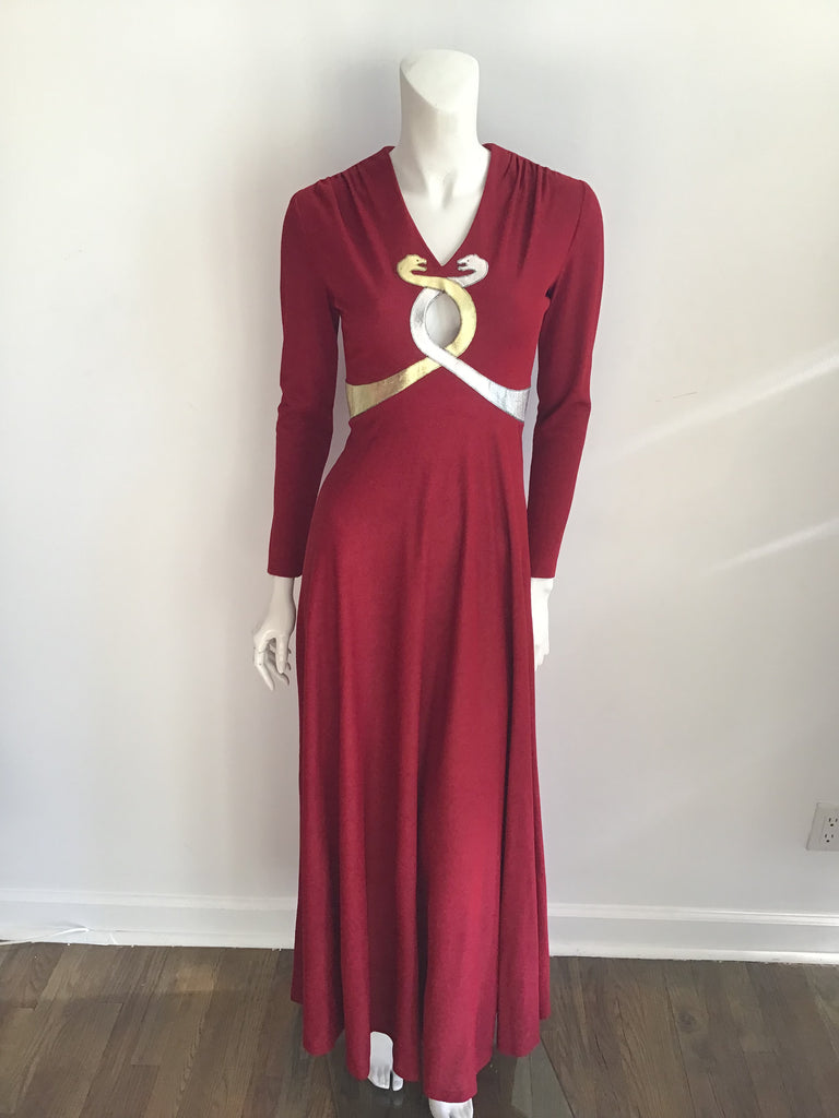 1970s  Red and Gold Mr Boots Snakes Evening Gown size 4
