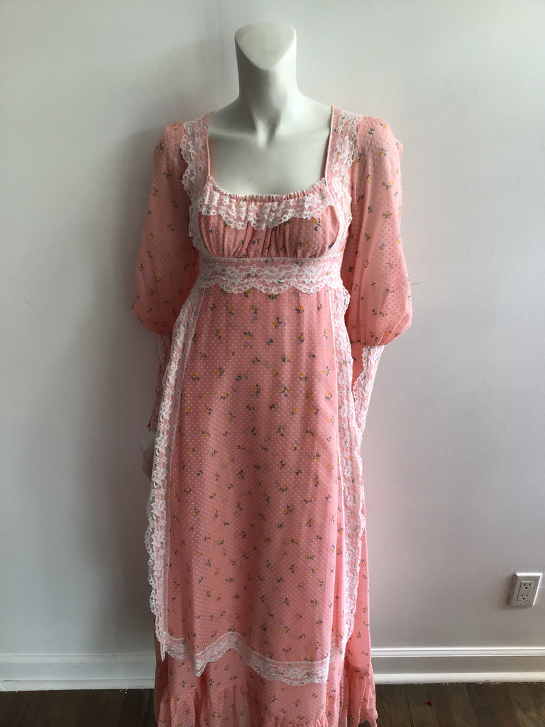 1970s Peach Dotted Swiss with Lace Maxi Dress
