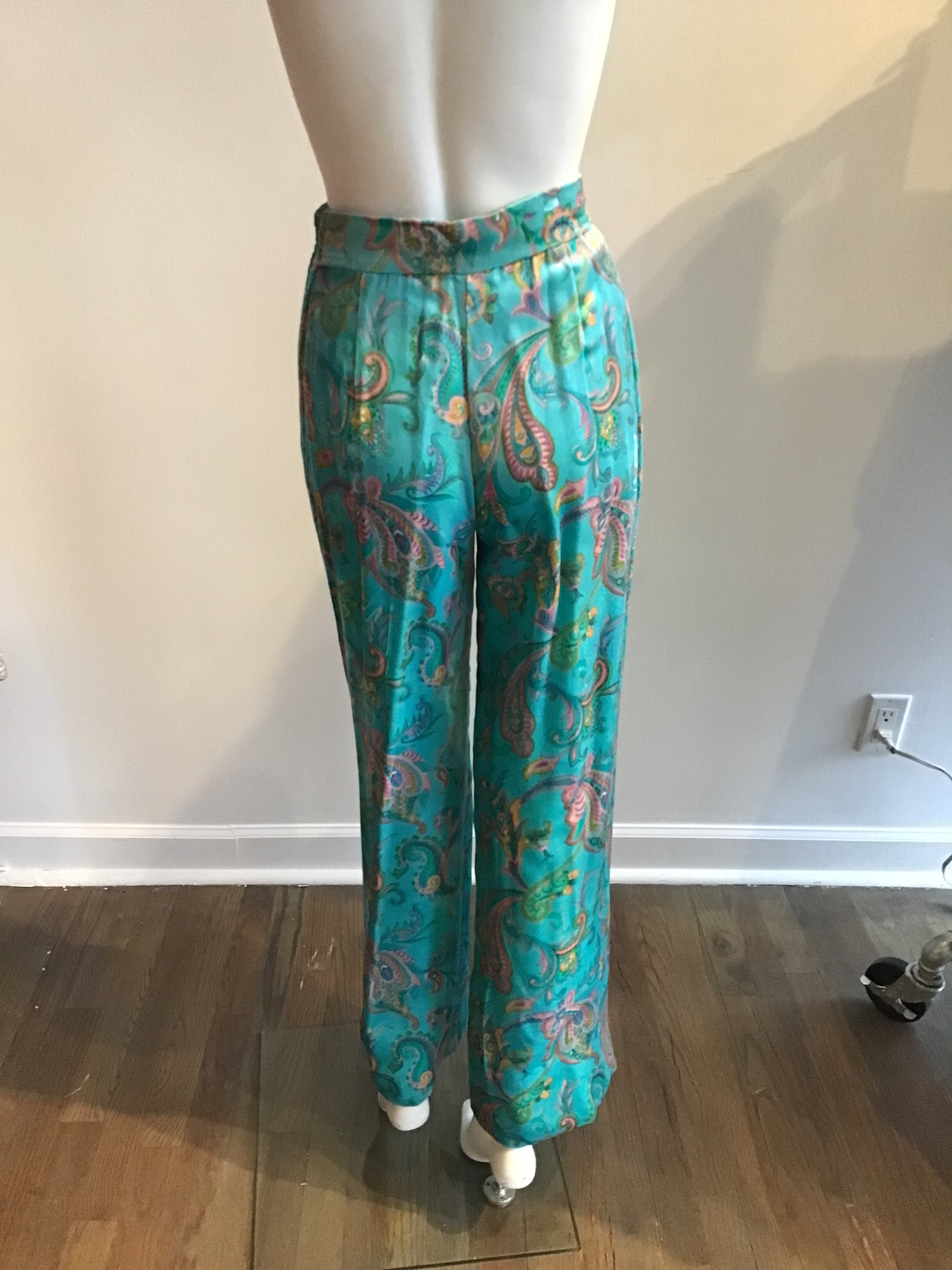 1960's Aqua Paisley Silk Printed  Velvet with beading  2pc Ensemble -size5/6