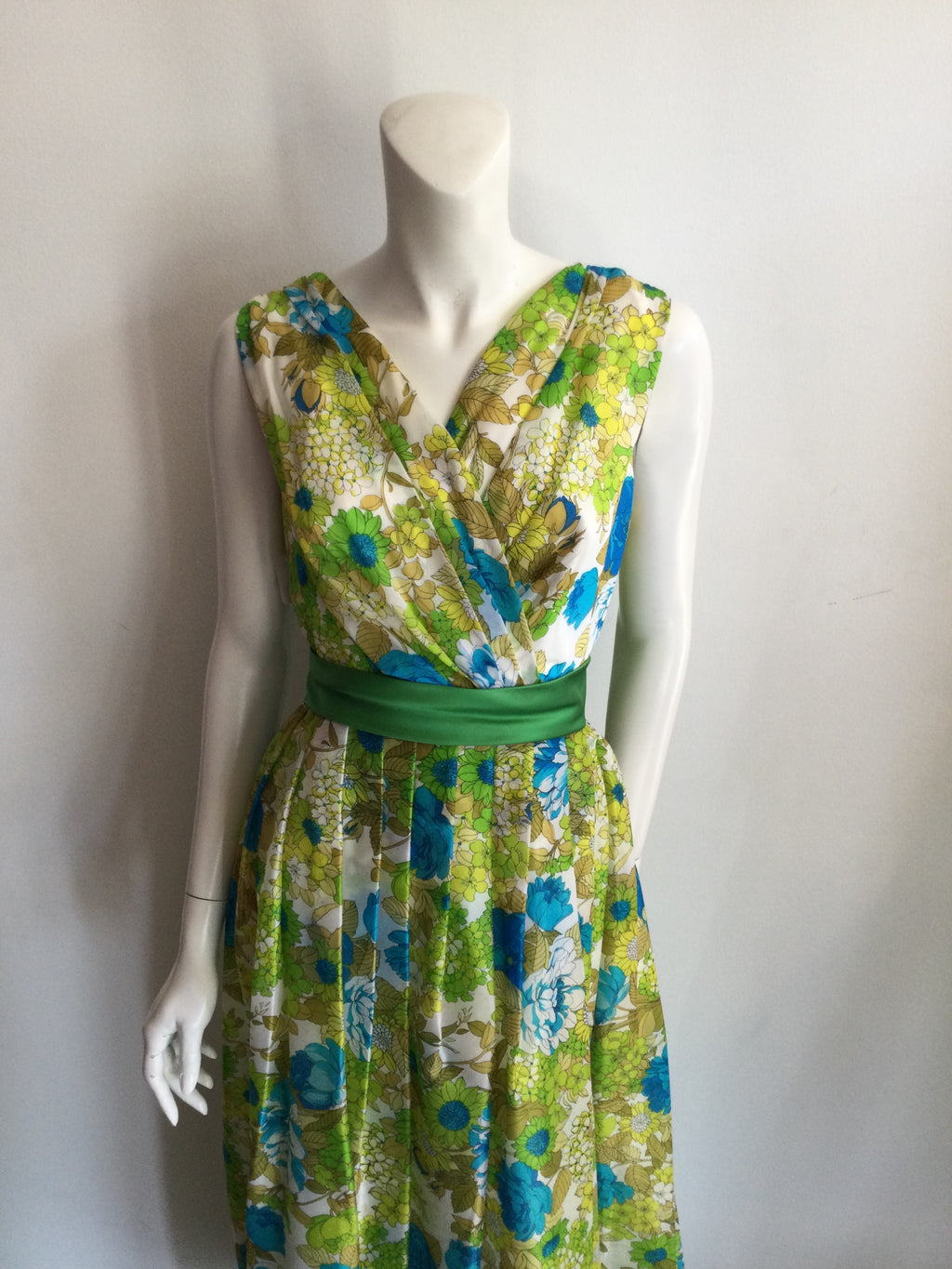 1960s Blue and Yellow Floral  Polyester Printed long Dress-size 7/8