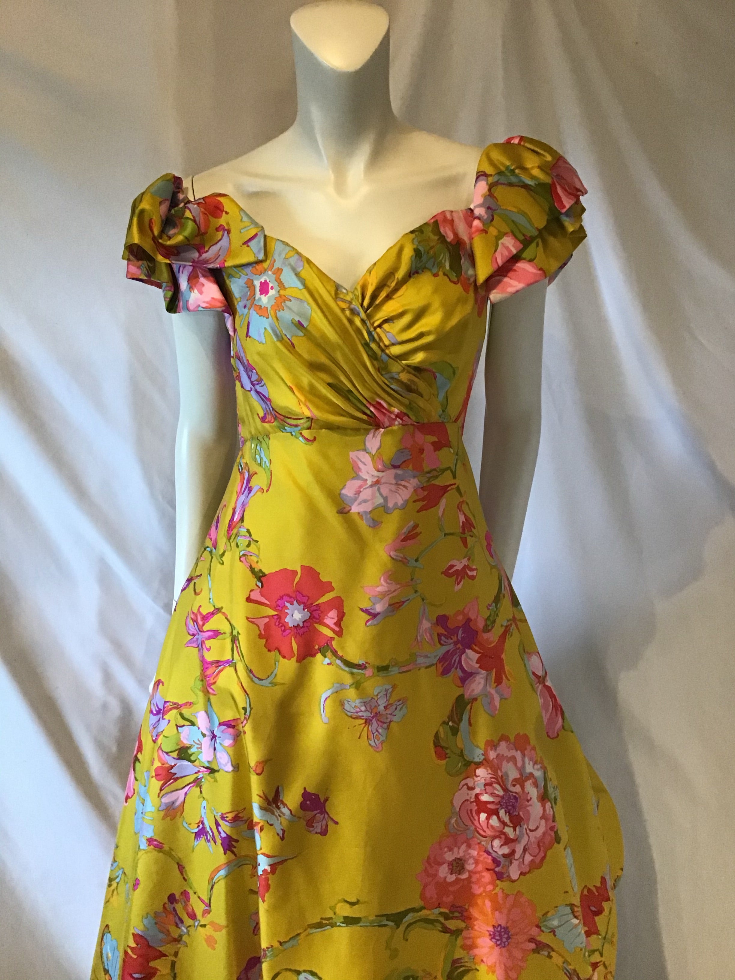 1990's Silk Yellow  Floral Ballgown size 2-4