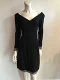 Vintage 1980s Pauline Trigere Black rhinestone trimmed  wool silk blend cocktail dress
