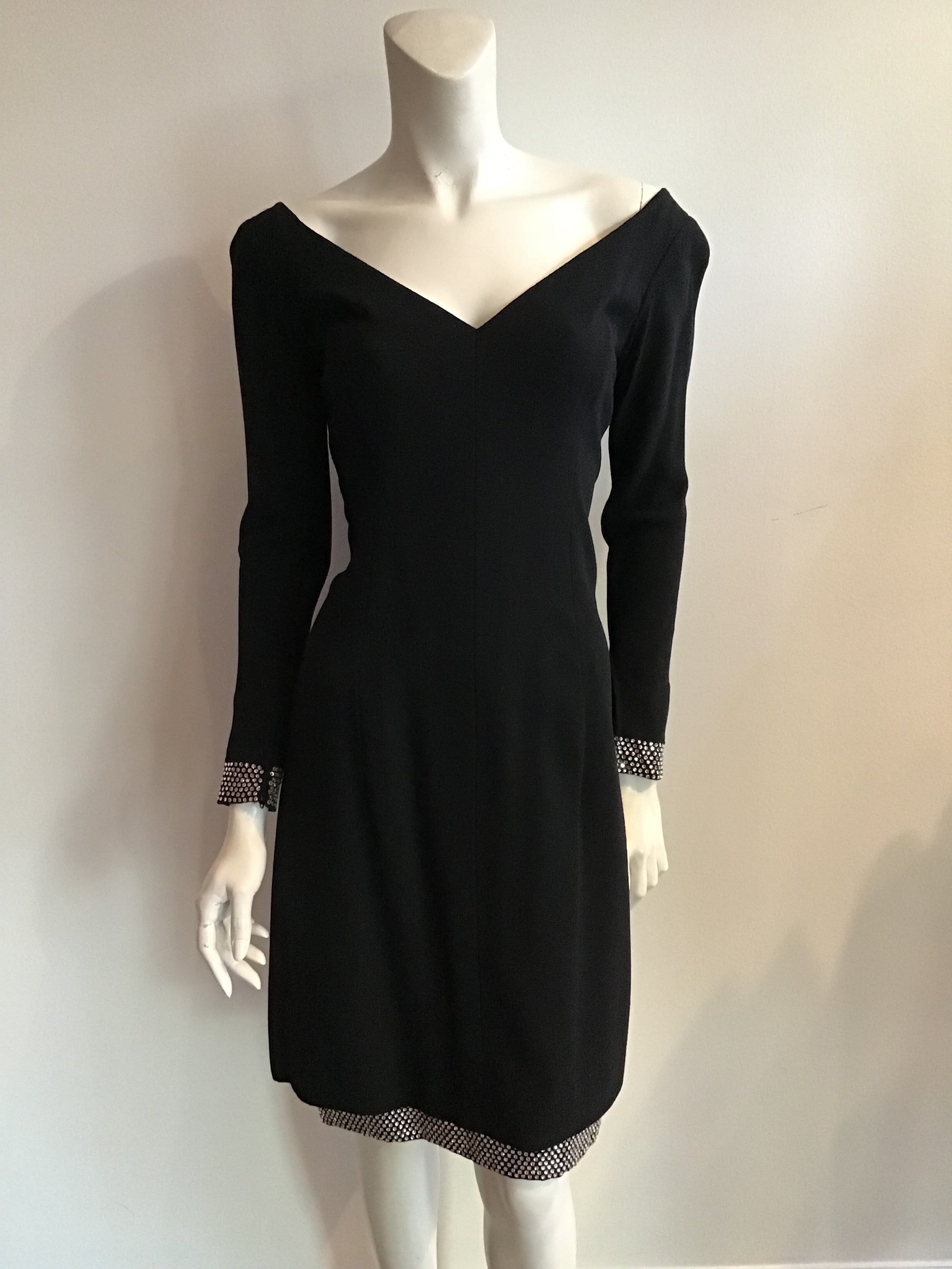 Vintage 1980s Pauline Trigere Black rhinestone trimmed  wool silk blend cocktail dress