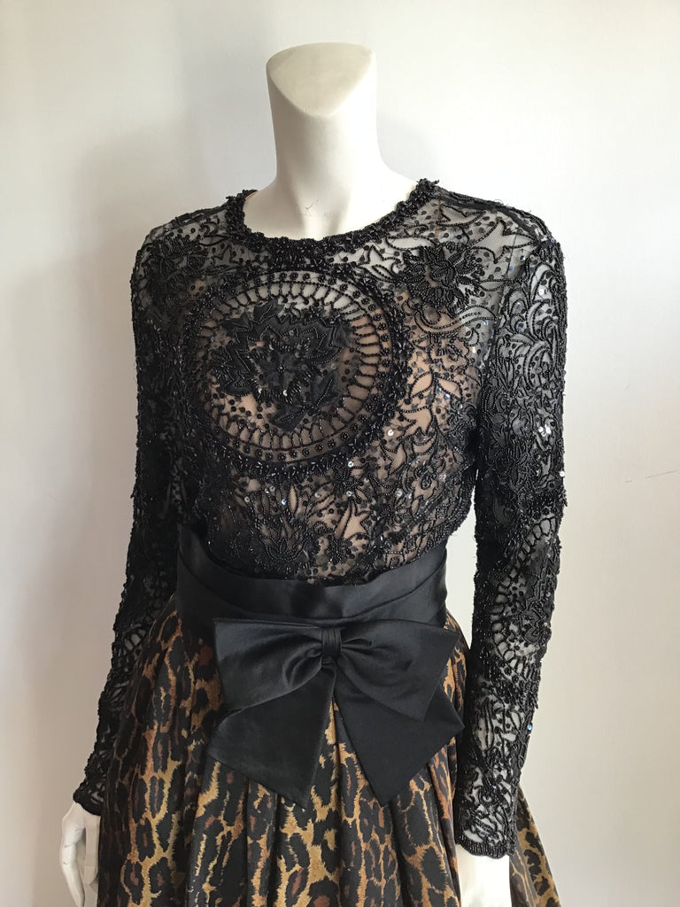 1980's Naeen Kahn Silk Leopard Skirt and Black Beaded Top Ensemble-8