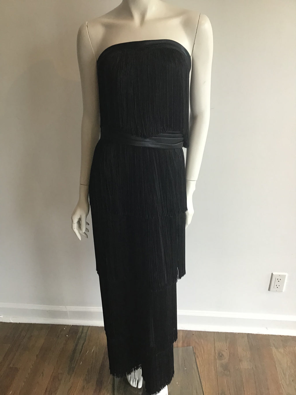 1960s Rose Taft for Couture Black Fringe Evening Gown
