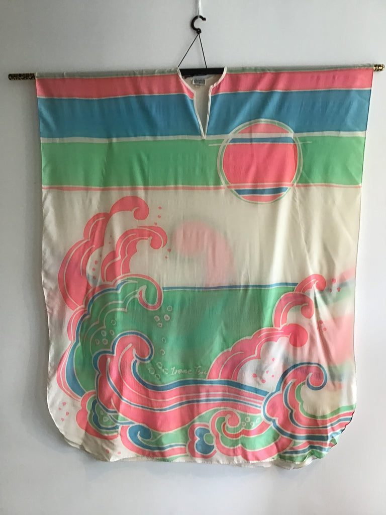 1980s Irene Tsu Hand Painted Caftan Wave Pattern