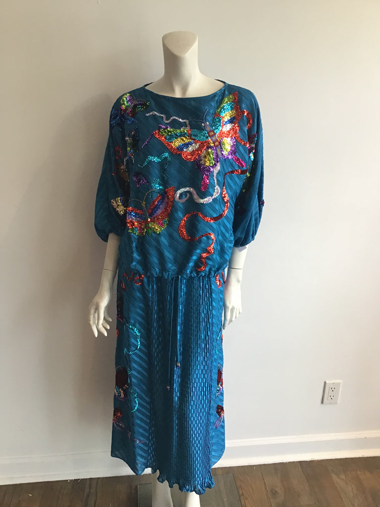 1980s Diane Fréis 2 piece Butterfly Sequined Dress