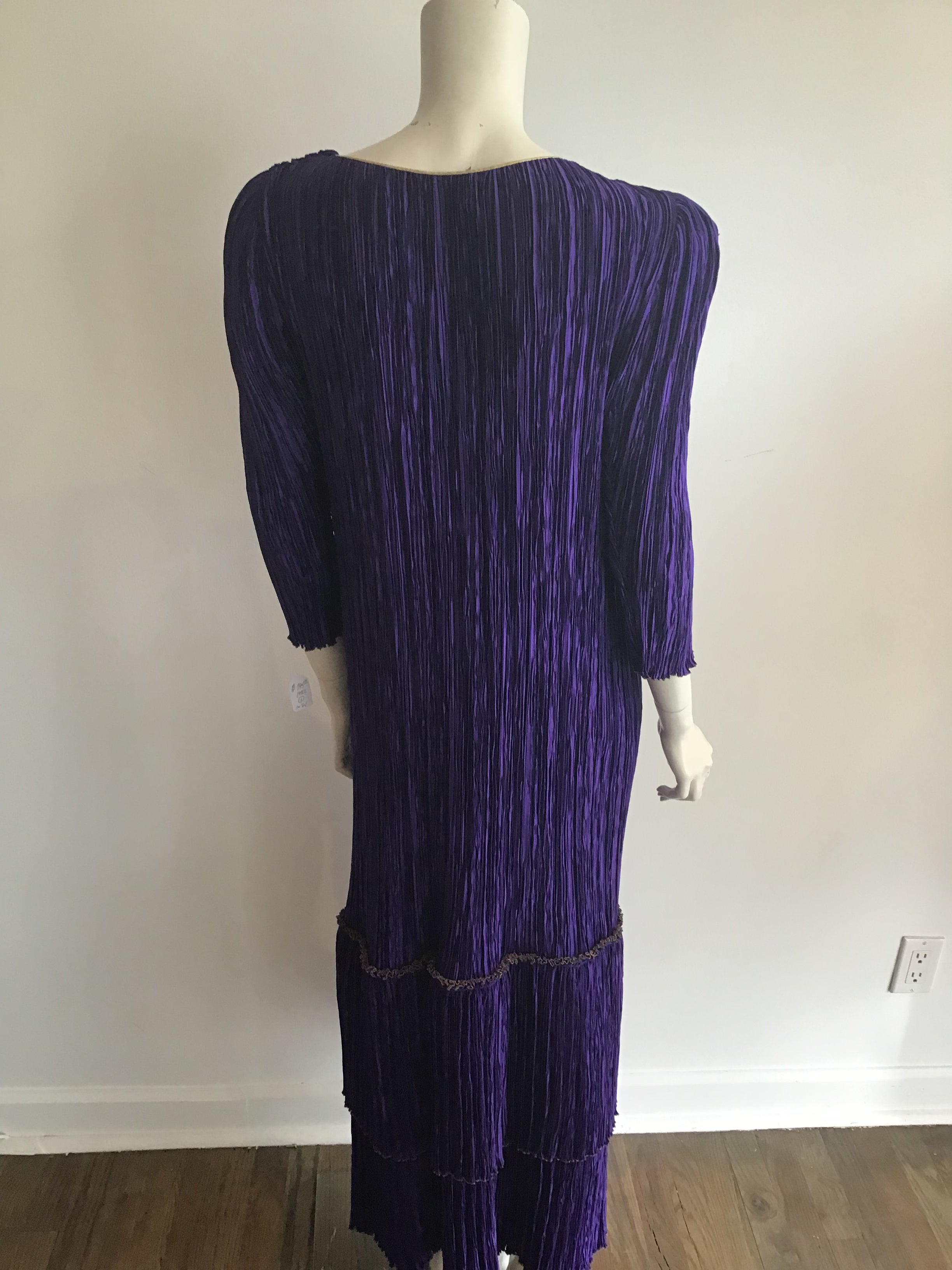 1980's Mary McFadden Couture Royal Purple Silk Pleated Gown with gold detailling -size 6