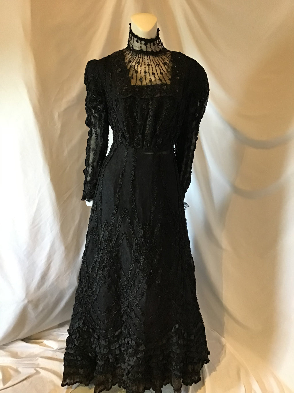 1900s Victorian Black Ribbon and net dress