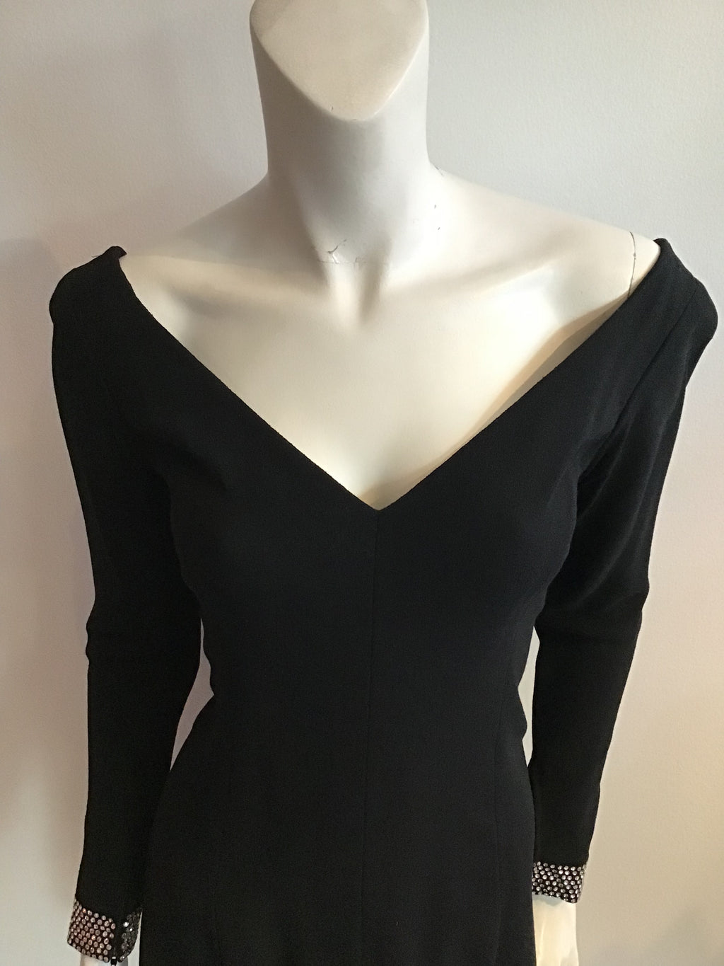 1980's Pauline Trigeré Black wool silk blend  Rhinestone trimmed  Cocktail Dress size 8