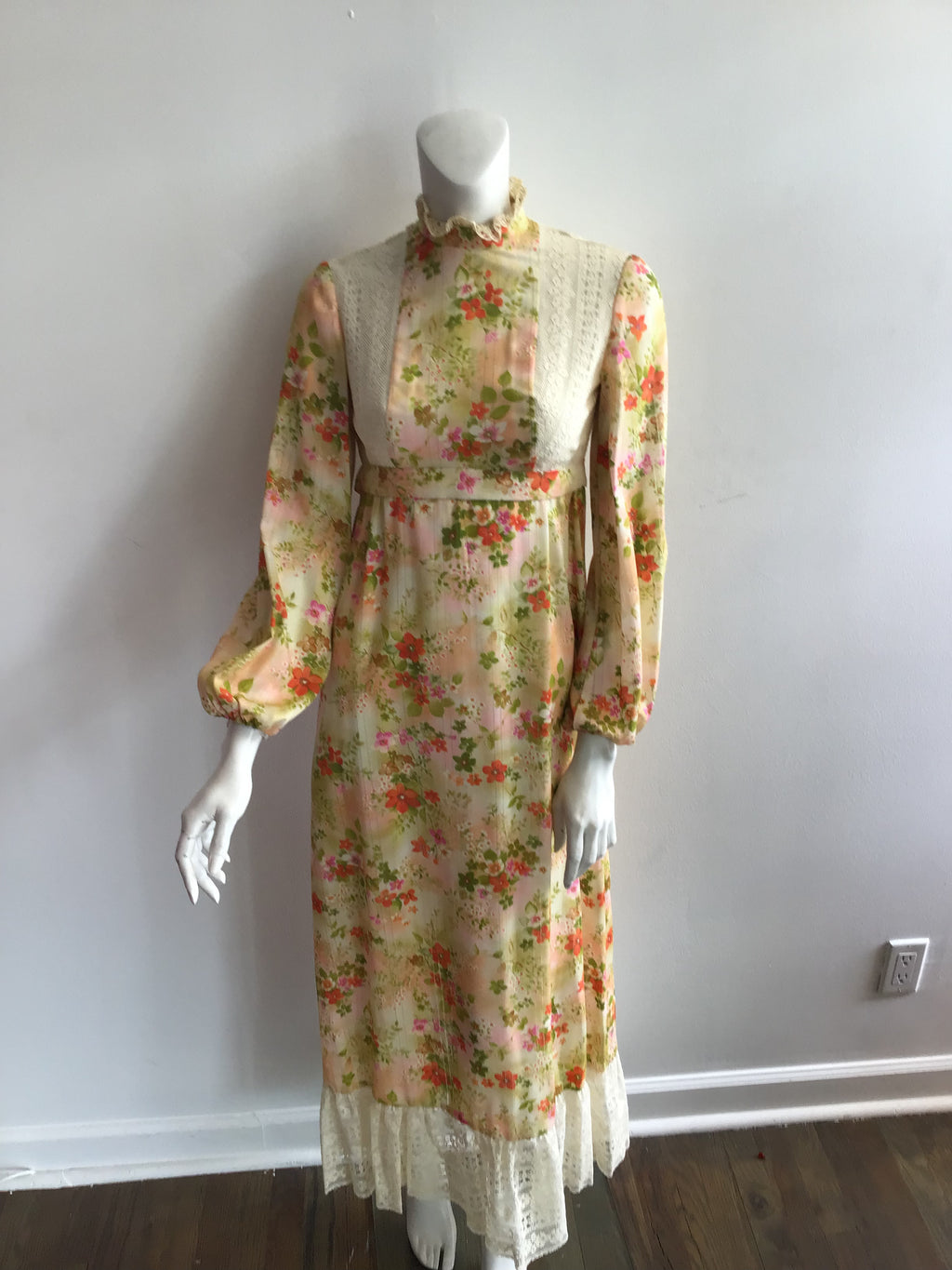 vintage 1970s orange floral polyester maxi dress 