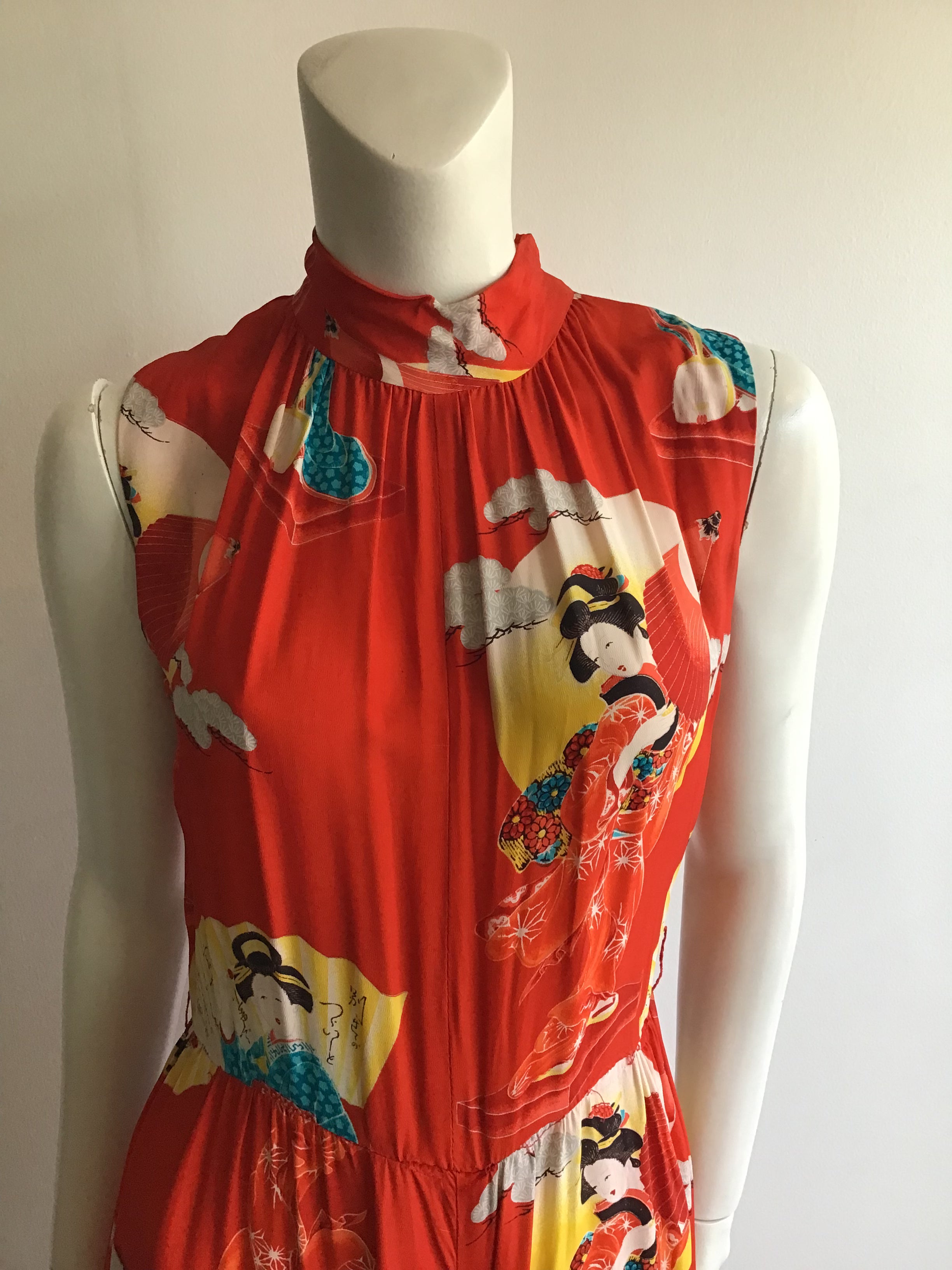 1960s Red Geisha Print Silk Jumpsuit size 7/8
