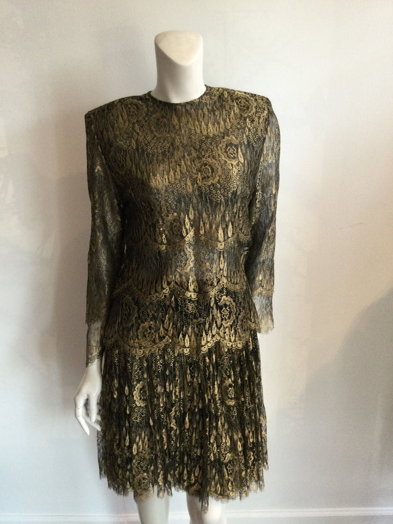 80s Metallic Gold Lace Evening Dress