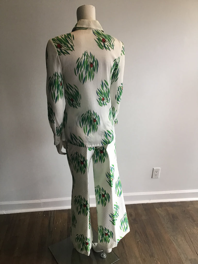 1970s 2 Piece White Cotton ladybug motif  Pants Ensemble