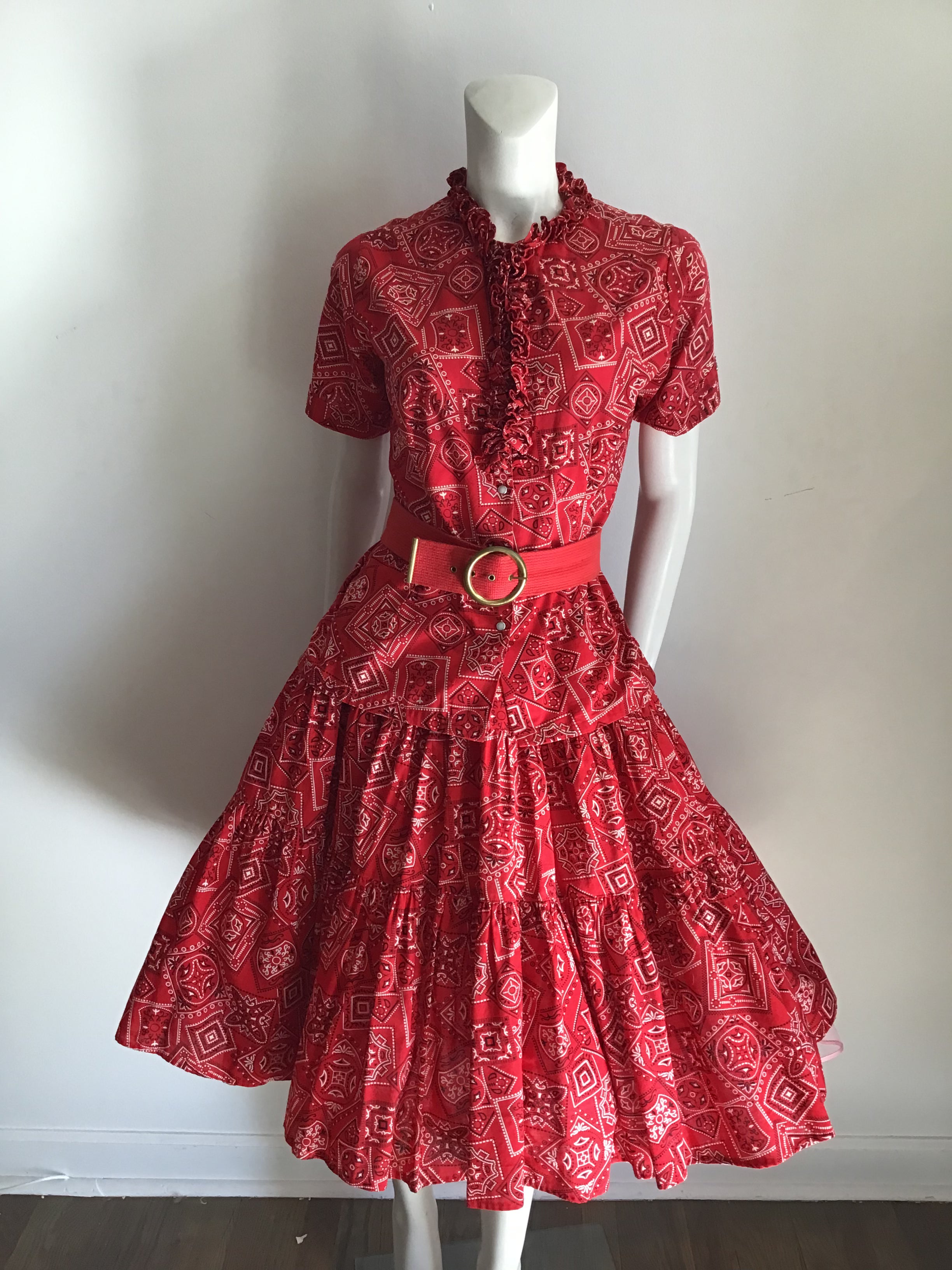 1950s Rockmount Ranch Wear Red Cotton  2 piece Dress