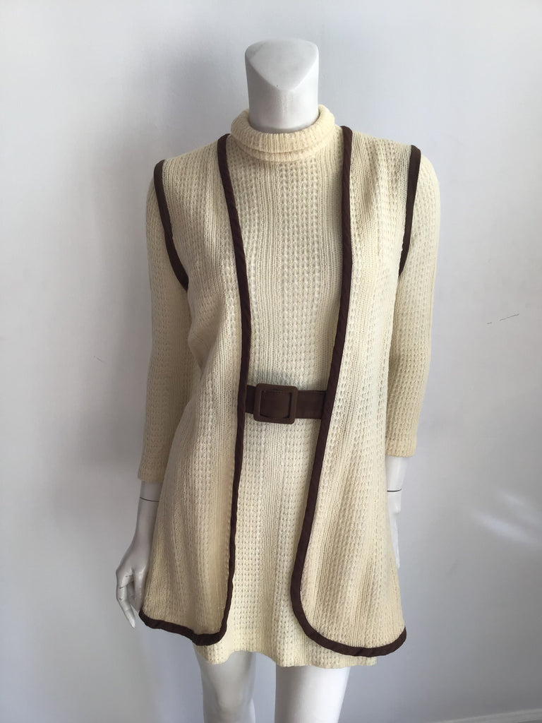 1960s Cream Knit Mini Dress with Vest and Belt-polyester knit size 6