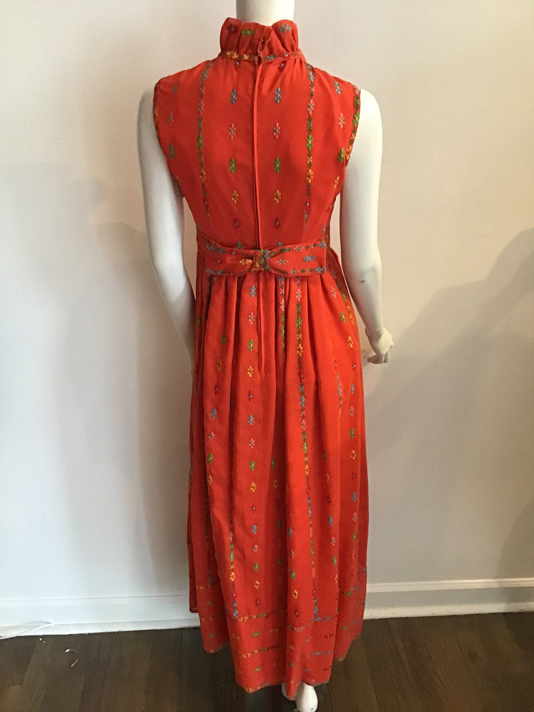 1970s Orange  Maxi Dress with Embroidery