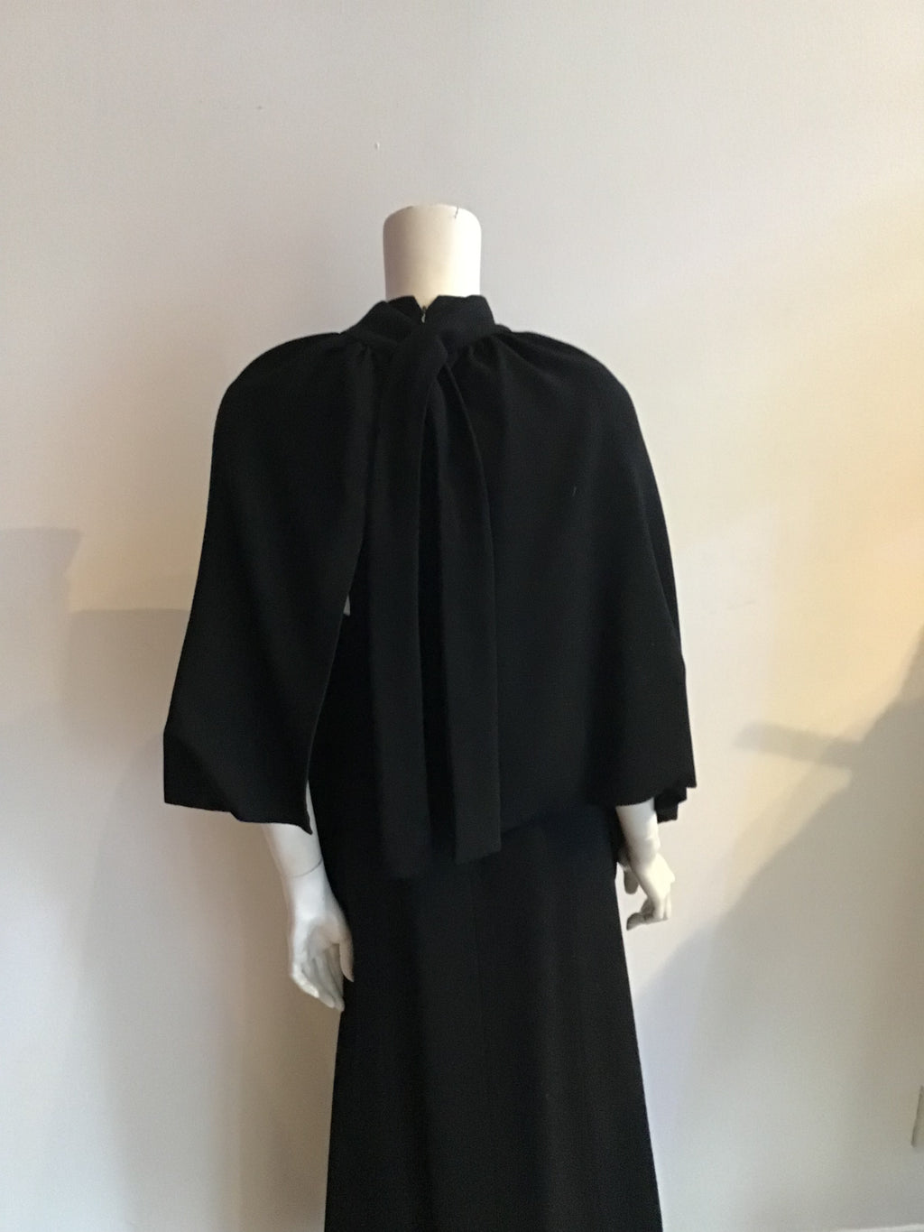 1960s Donald Brooks Black Wool blend Crepe Gown with Overlay Capelet -Size 6