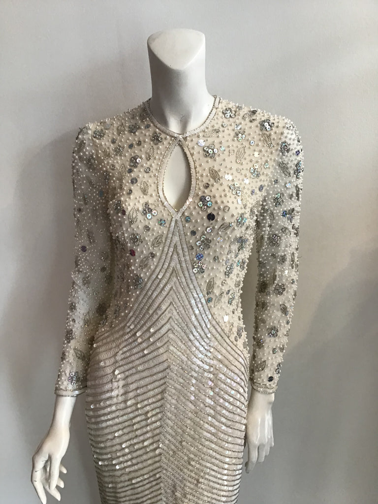 1980's Naeem Khan Cream Chiffon Beaded Evening Gown Size 7/8