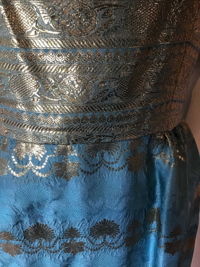 1960s Silk Sari Fabric Gown gold and teal  size  4