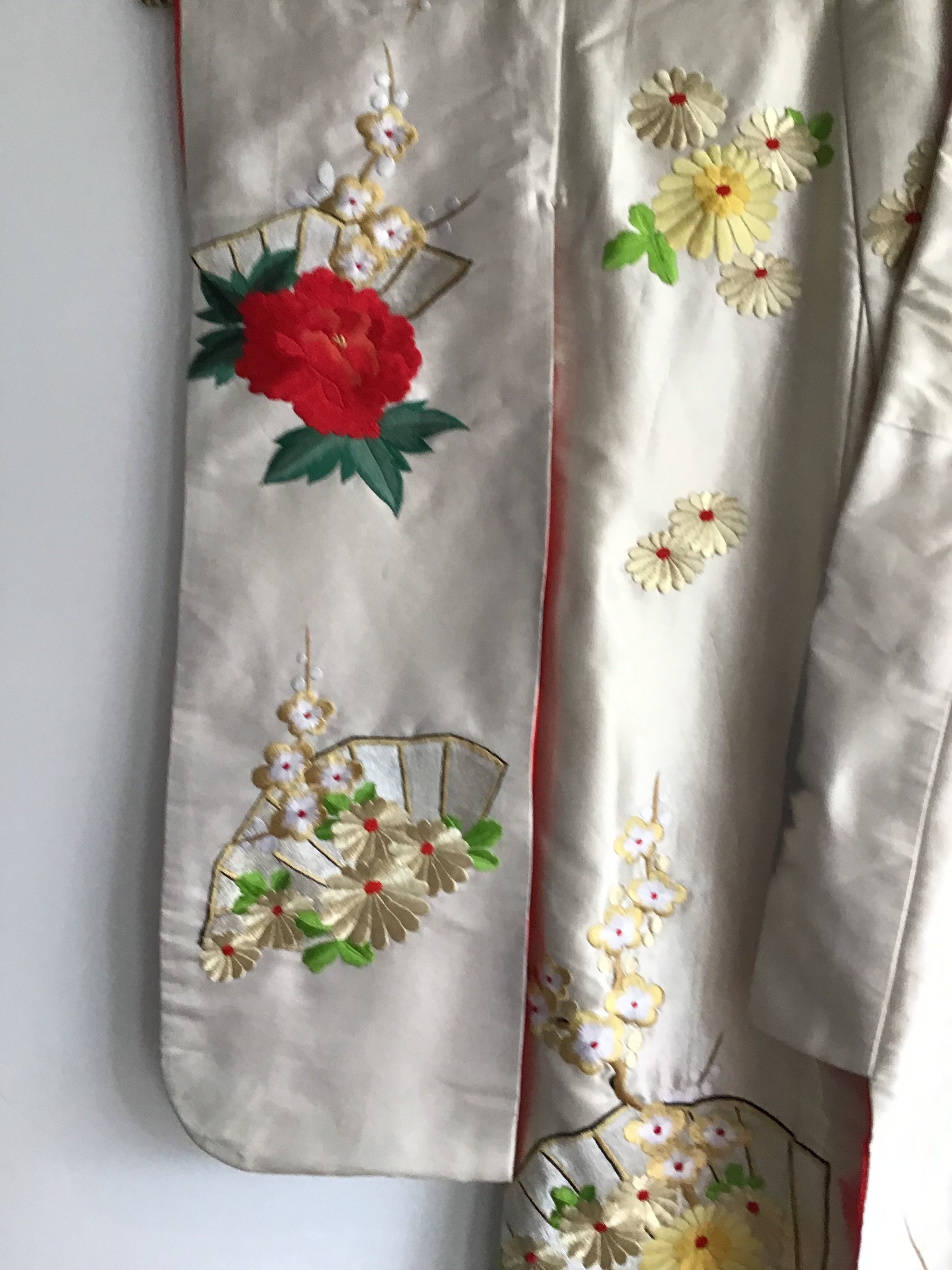1960s Red Peonies,Birds Handembroidered Silk Kimono