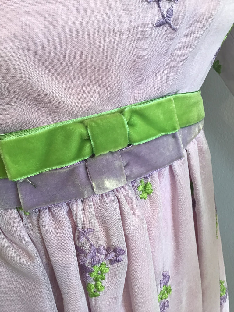 1970svLavender Crepe with Embroidered Flowers Maxi Dress