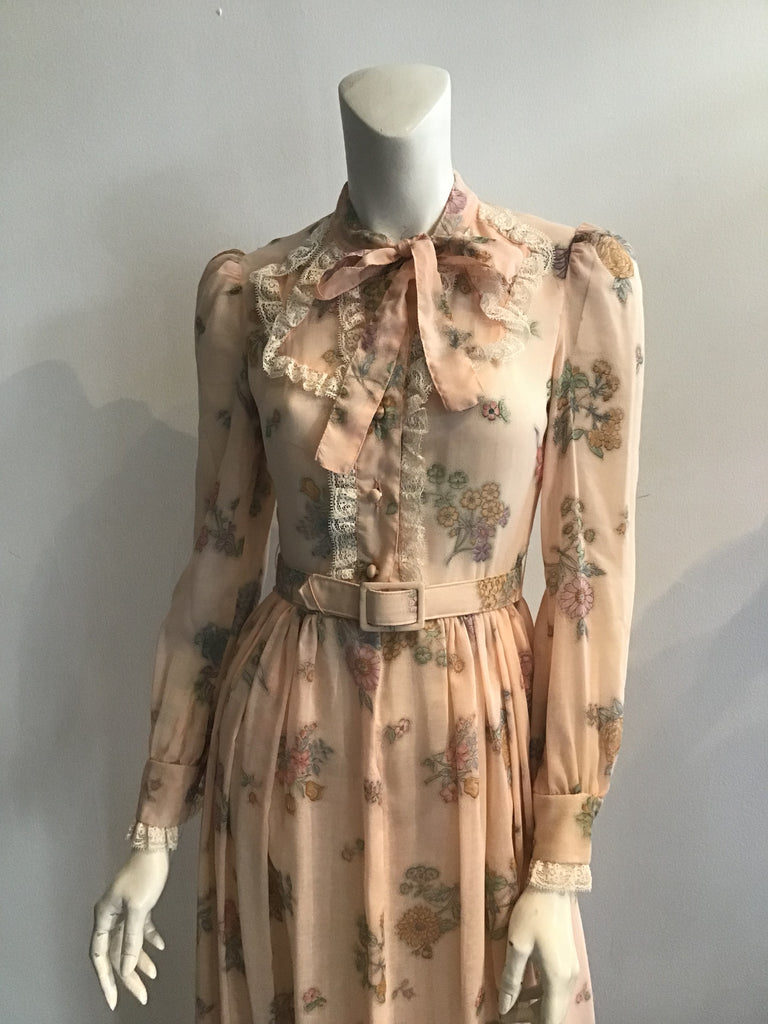 1970's Act II Peach Polyester Cotton Blend Floral Maxi Dress size 5