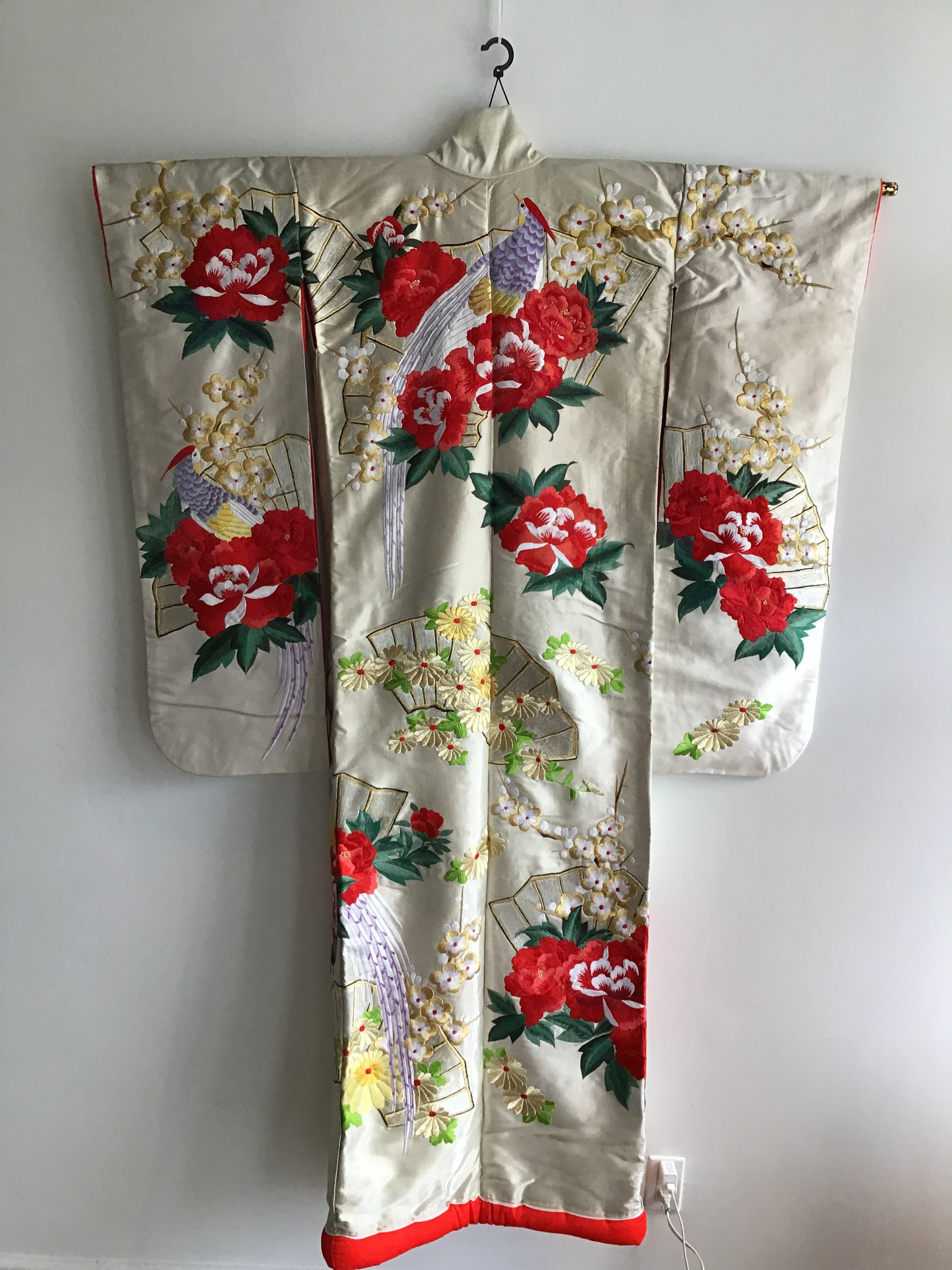 1960s Red Peonies,Birds Handembroidered Silk Kimono