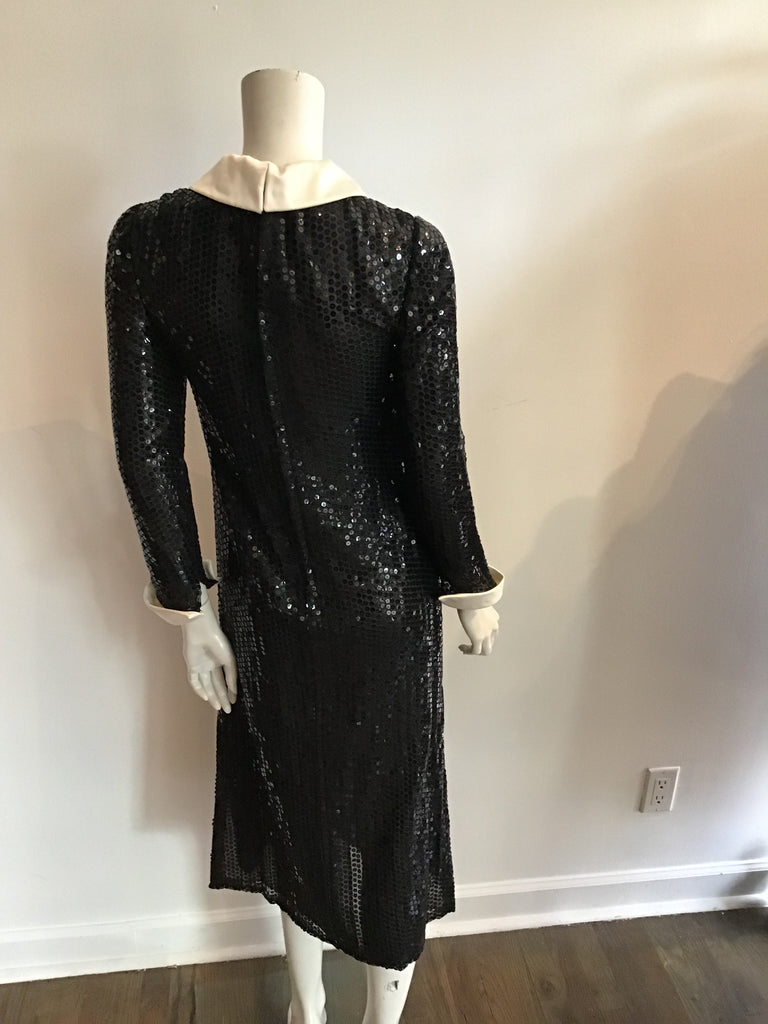 1960's Richilene Black Sequined Dress with Peter Pan Collar-size8