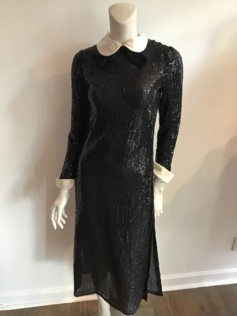 vintage 1960s Richiline Black Totally  Sequinned Dress with white Peter Pan collar and cuffs