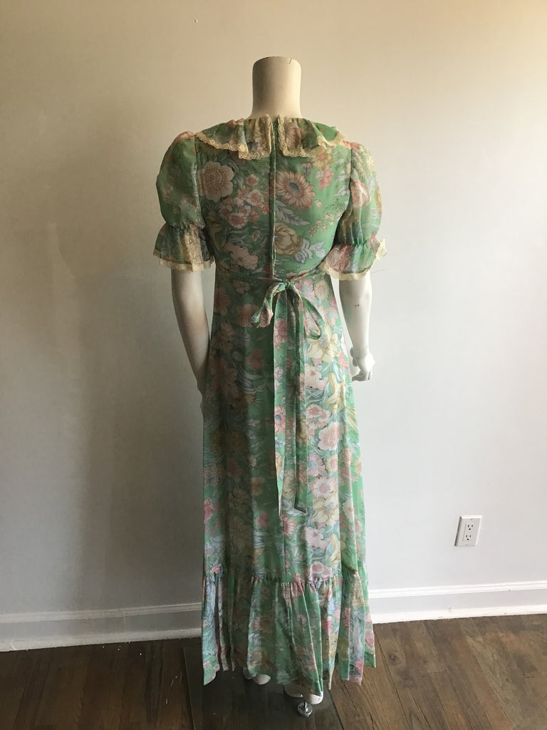 1970's Mint Green Floral Polyester  Prairie Dress size 2-4