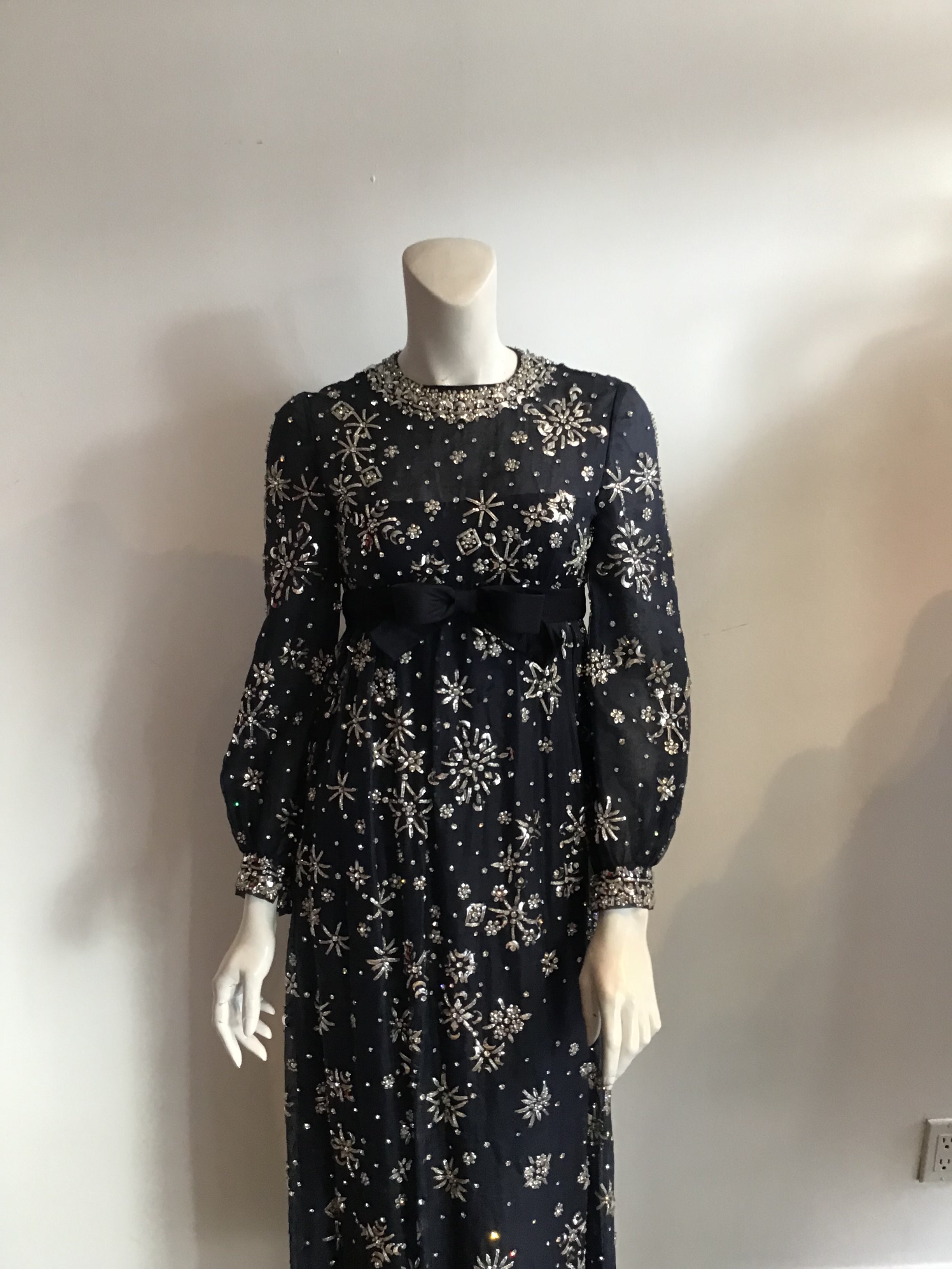 1960s  Blue Organza beaded Evening Gown-2/4