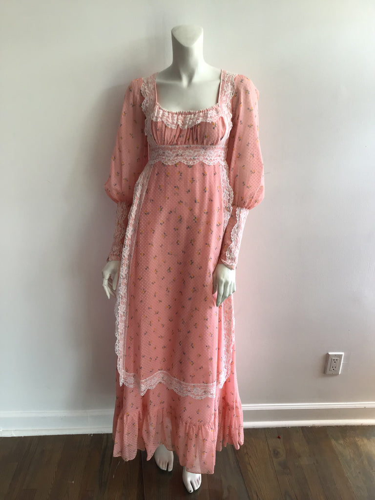 1970s Peach Dotted Swiss with Lace Maxi Dress