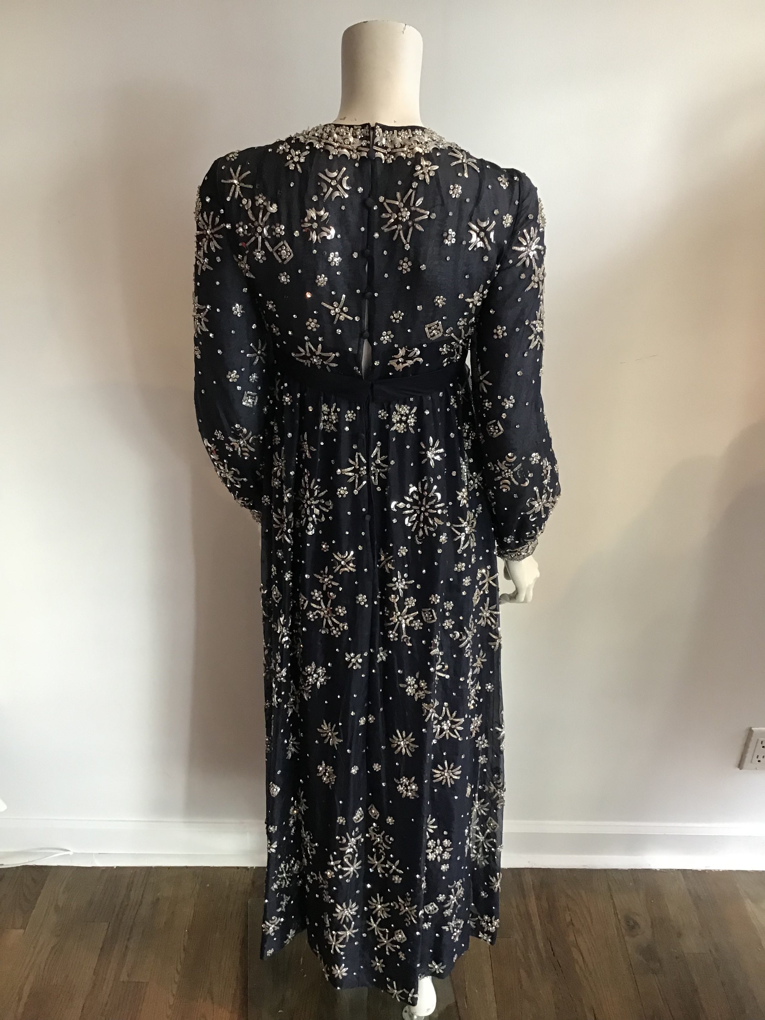 1960s  Blue Organza beaded Evening Gown-2/4