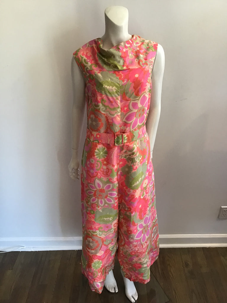 1960s Pink Silk Printed Mod Jumpsuit
