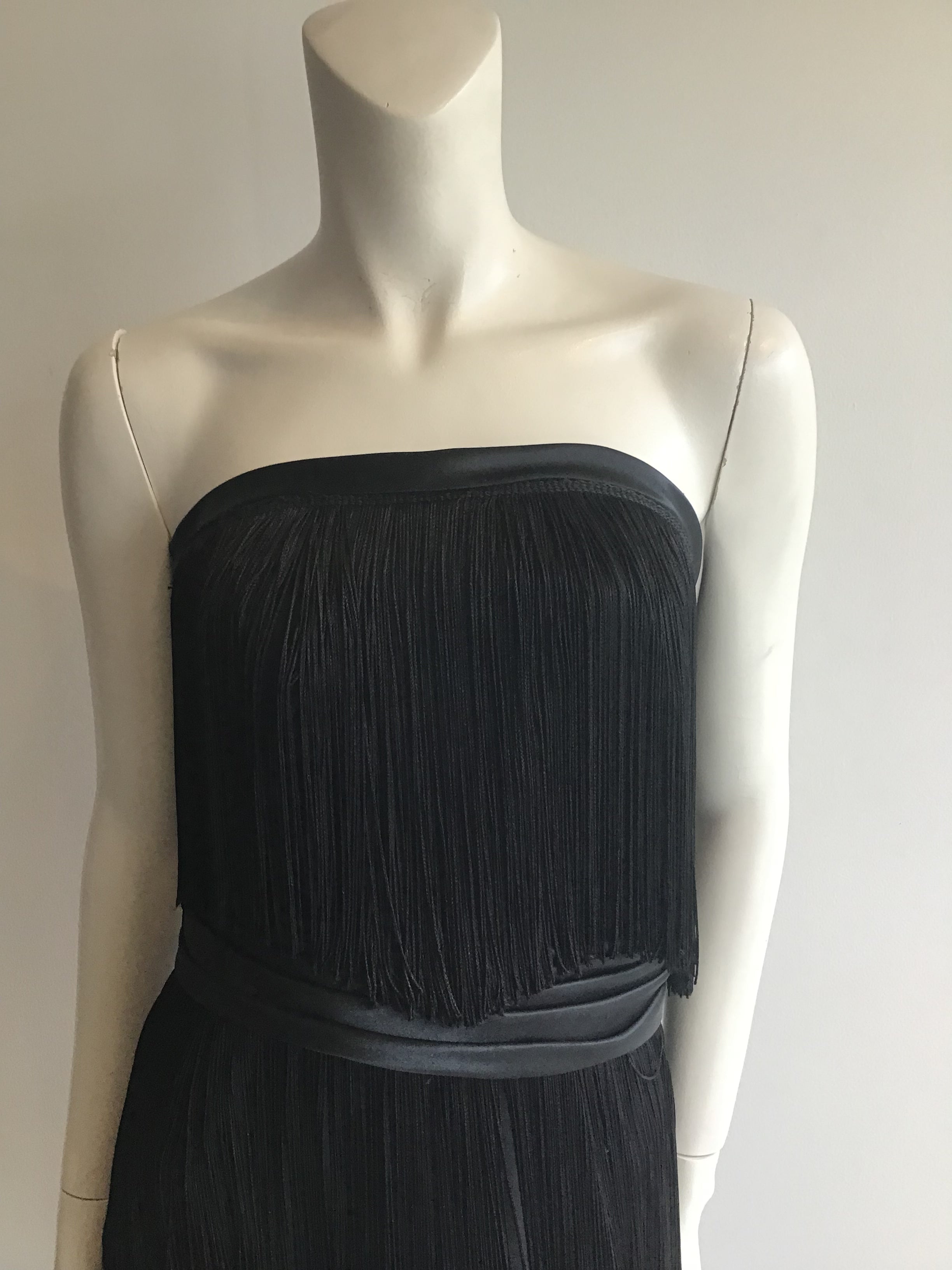 1960s Rose Taft for Couture Black Fringe Evening Gown