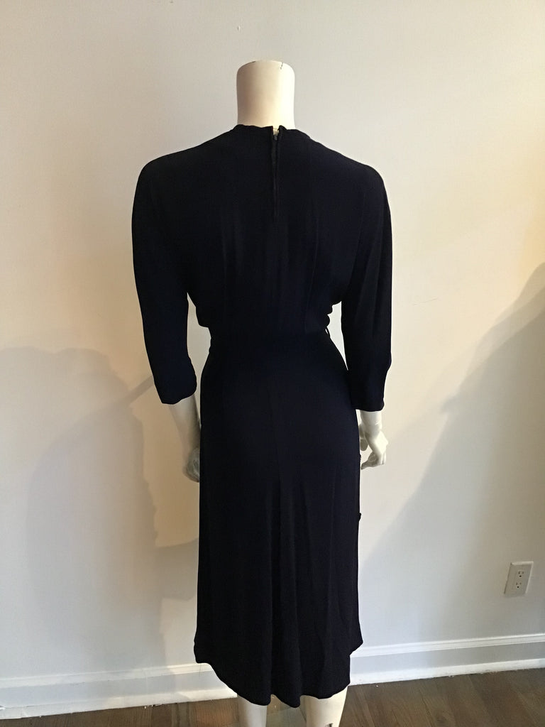 1940s Dark Blue Silk Crepe Cocktail dress  with Sequin/Beads  size 8