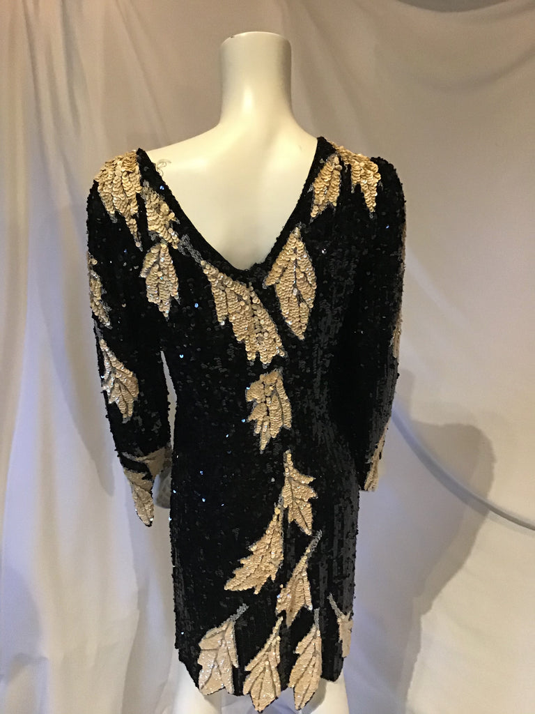1980s Cream and Black Sequinned Leaf design Cocktail dress 