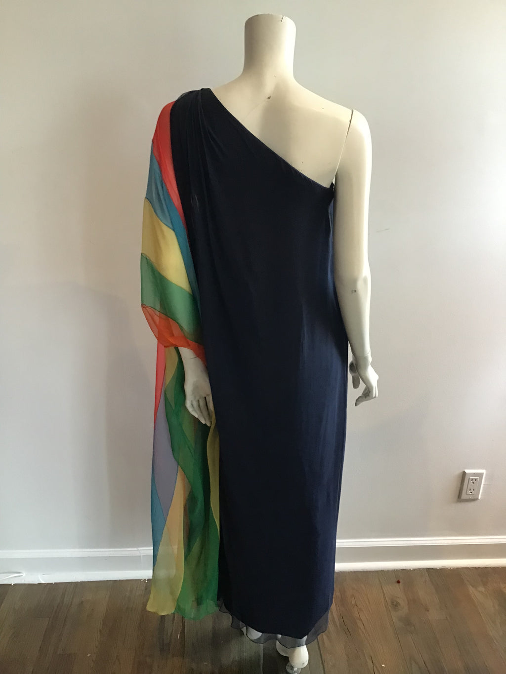 1960s Galanos Navy Chiffon One Shoulder Evening Gown